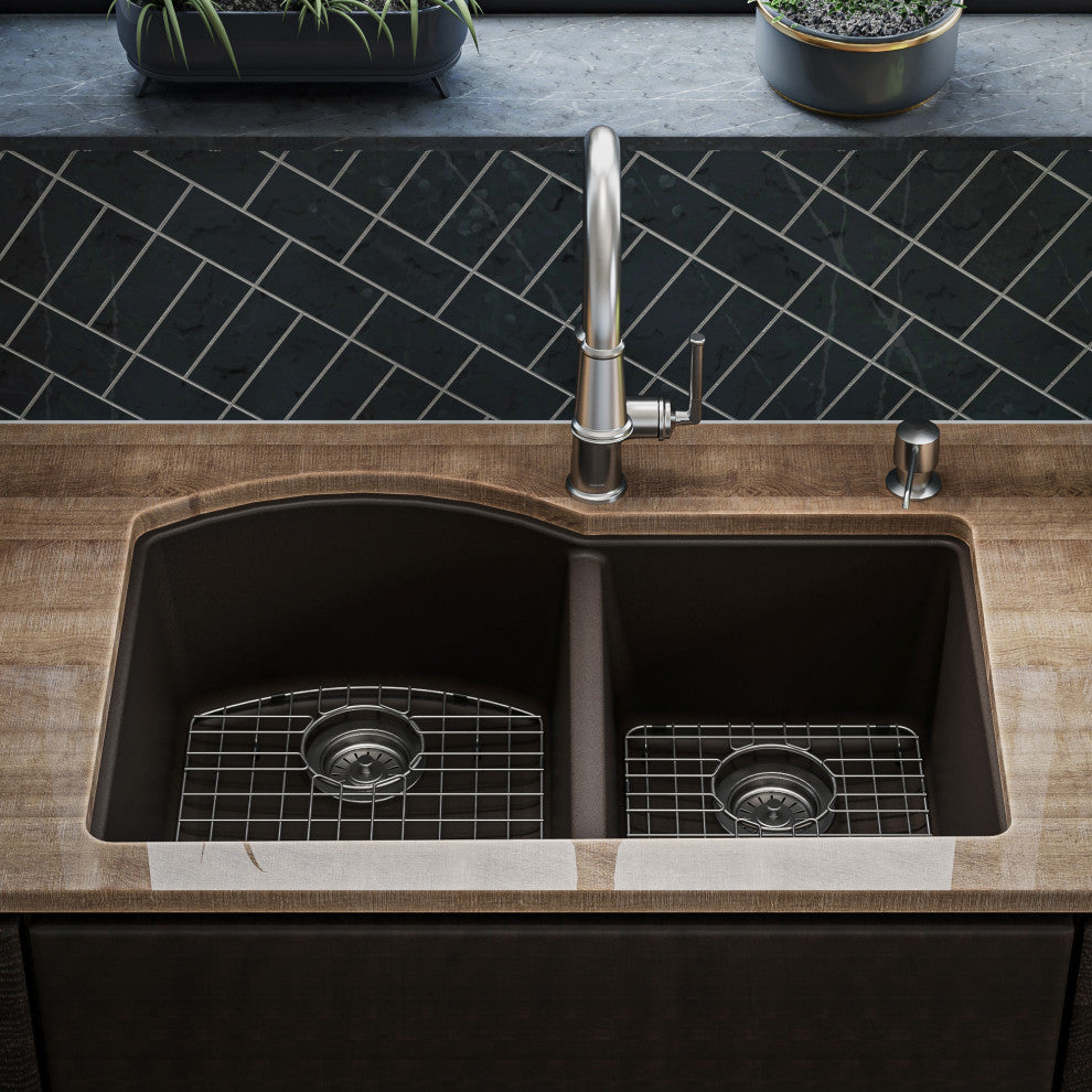 Karran Undermount Quartz 32" 60/40 Double Bowl Kitchen Sink Kit, Brown
