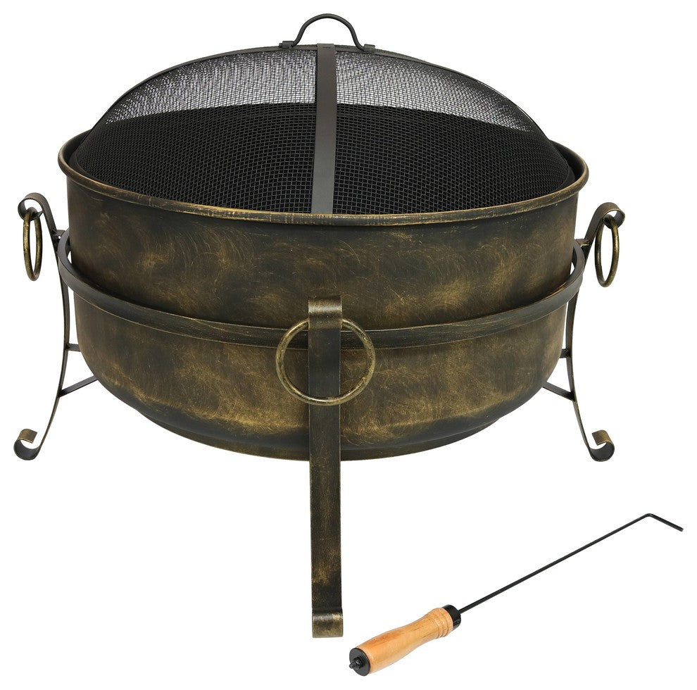 Sunnydaze Black Steel Outdoor Cauldron Fire Pit With Spark Screen, 24"