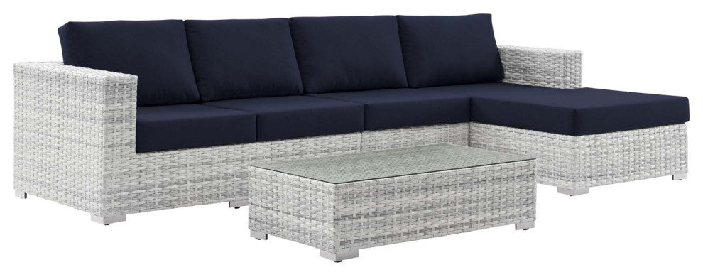 Lounge Sectional Sofa Chair Set, Rattan, Wicker, Gray Blue Navy, Outdoor