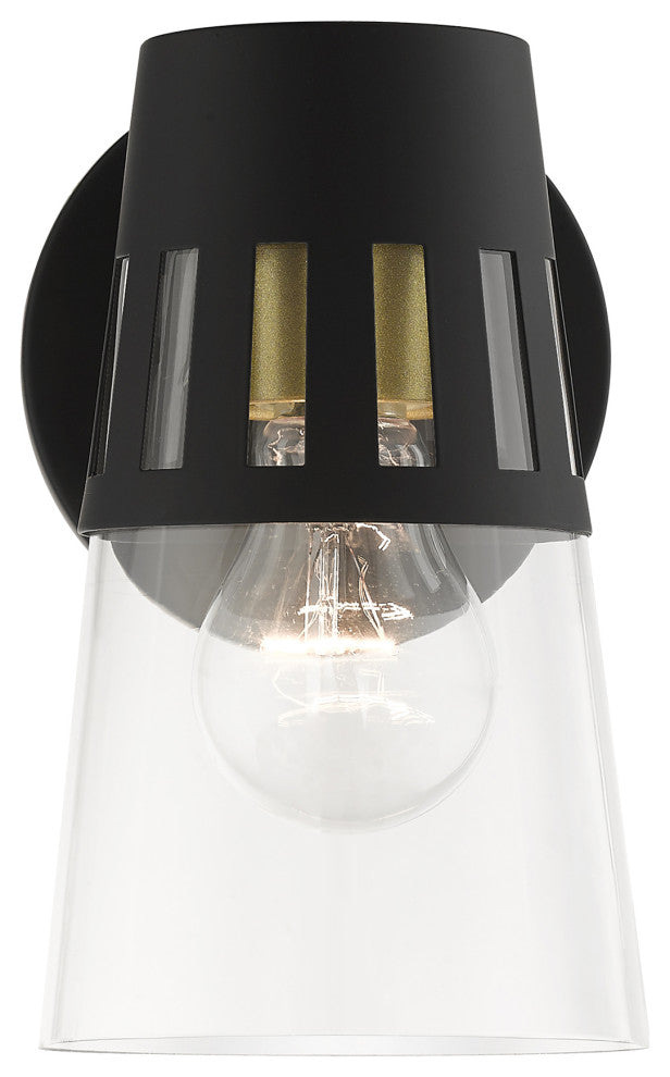Covington 1-Light Black Outdoor Small Wall Lantern, Soft Gold Accents