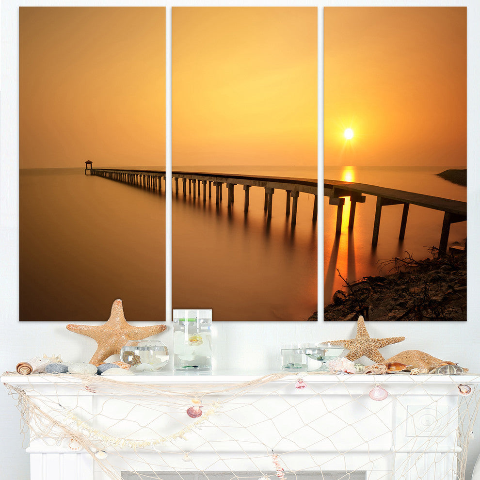 "Old Wooden Pier Long to Evening Sea" Sea PierMetal Wall Art, 3 Panels, 36"x28"