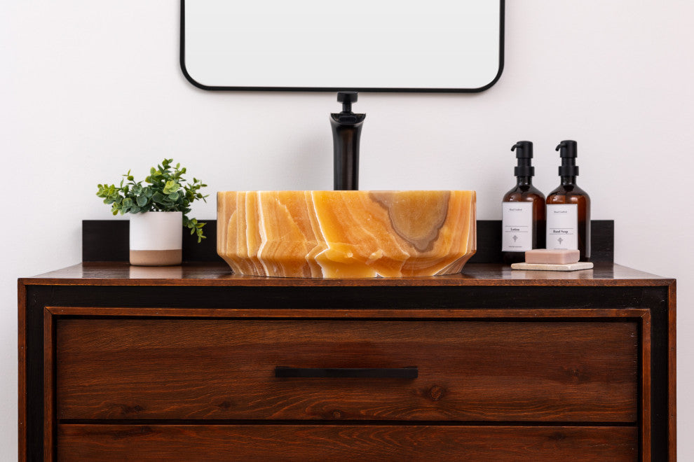 Natural Stone Vessel Bathroom Sink, Burj Honey Onyx