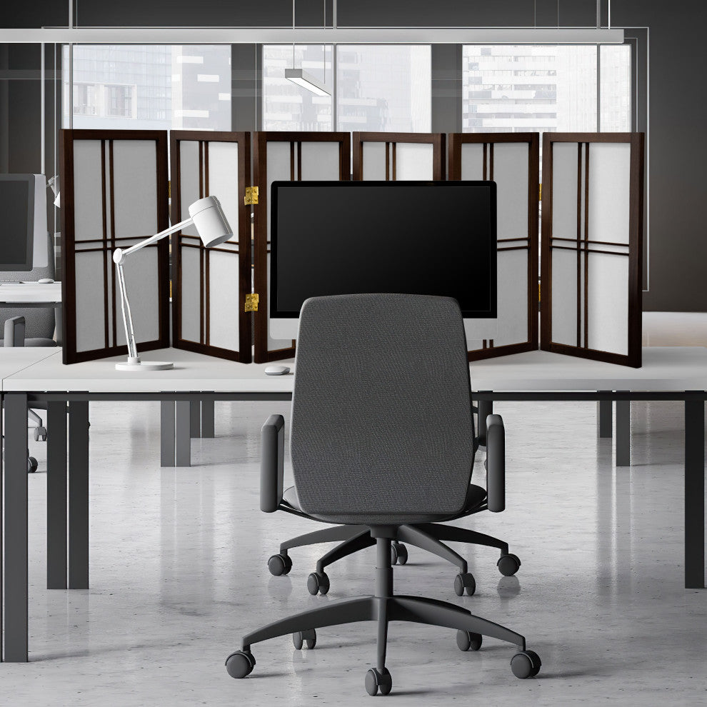2' Tall Desktop Double Cross Shoji Screen, Walnut, 6 Panels