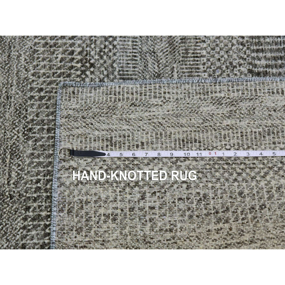 Gray Undyed Pure Wool Modern Grass Design Hand Knotted Square Rug, 5'11"x6'1"
