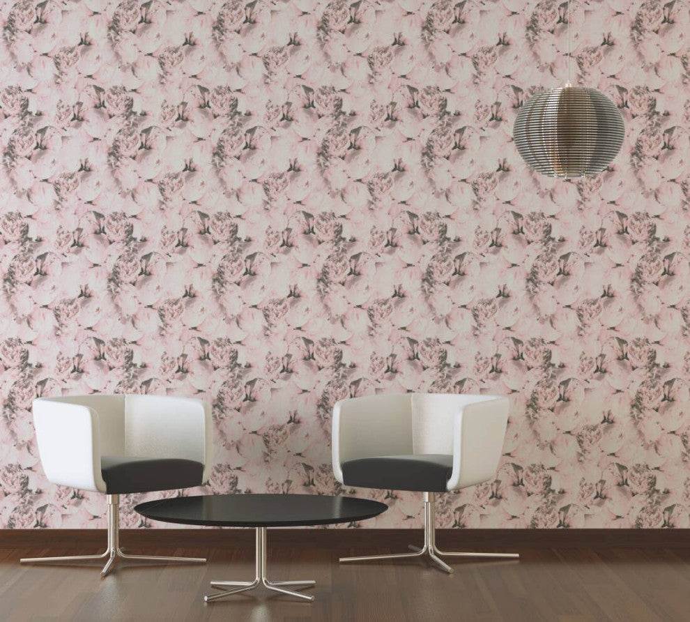Floral Textured Wallpaper, Peony Flowers, 373982, Pink Rose Beige, 1 Roll