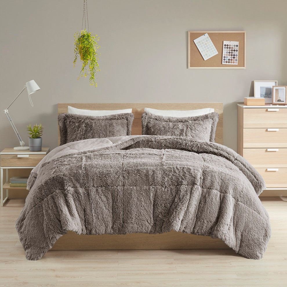 Intelligent Design Malea Shaggy Faux Fur Comforter Mini Set, Grey