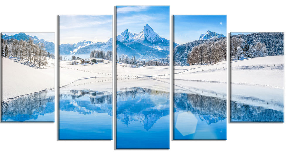 "Winter Mountain Lake in Alps" Landscape Canvas Photo Print, 5 Panels, 60"x32"