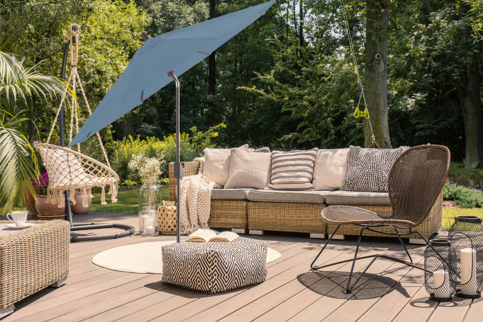 9' Round Push Tilt Market Umbrella, Antique Bronze Frame, Sapphire Blue