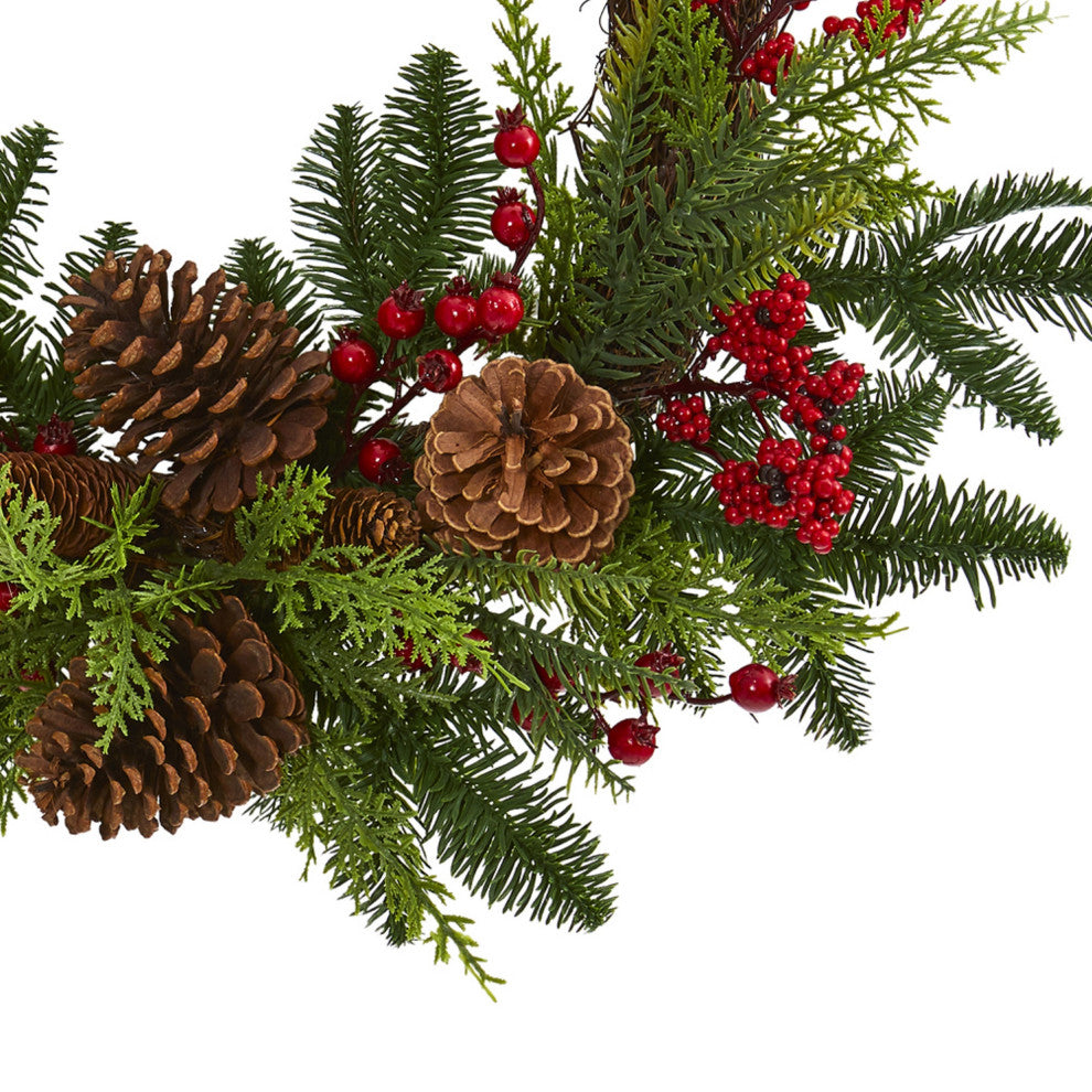 22" Mixed Pine and Cedar With Berries and Pine Cones Artificial Wreath NN4360