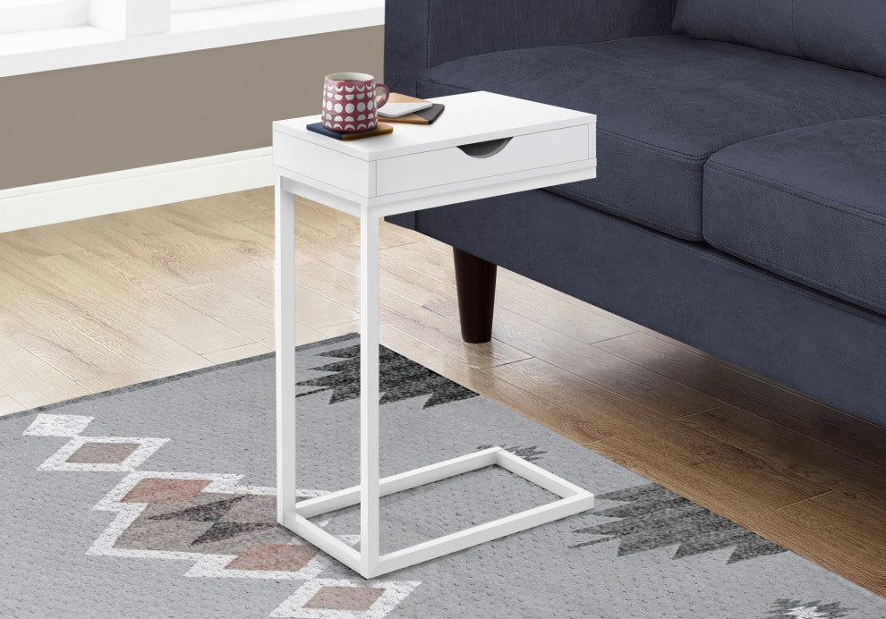 Accent Table C-Shaped End Side Snack Storage Drawer Metal Laminate White