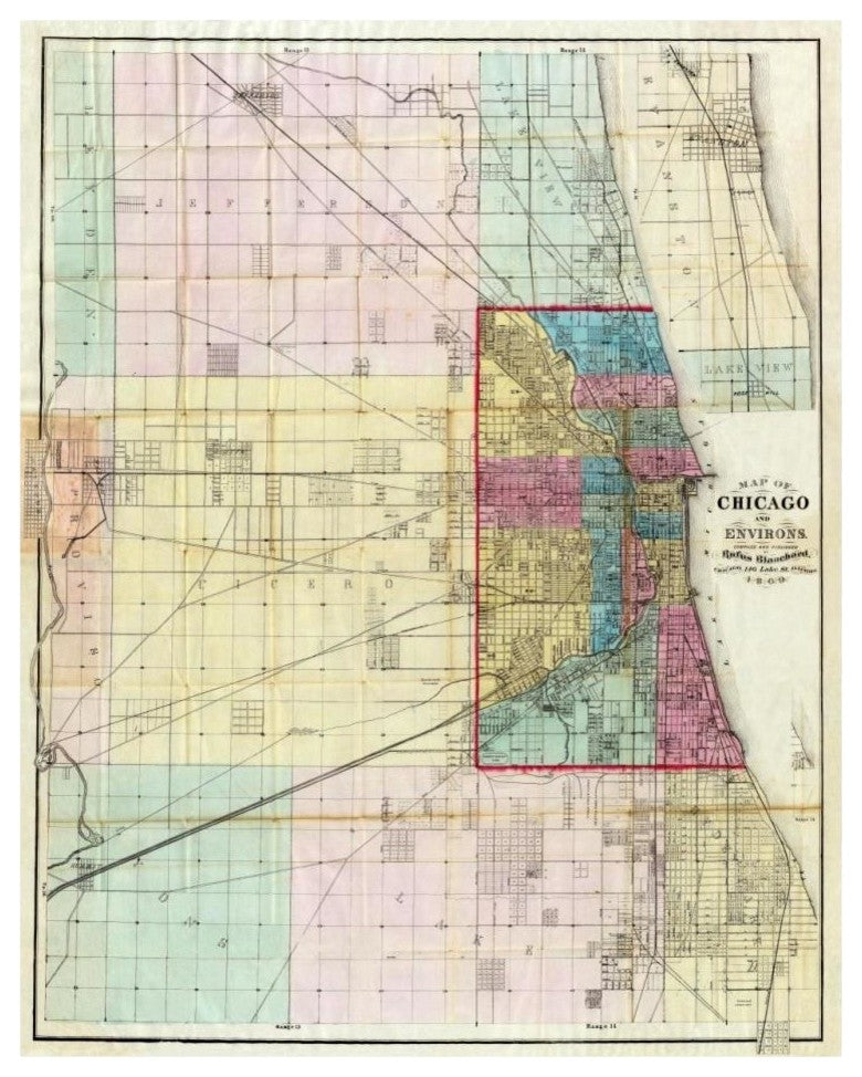 "Map of Chicago and Environs, 1869" Paper Print by Rufus Blanchard, 26"x32"