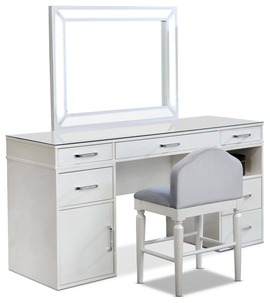 Contemporary Vanity Set, Cushioned Chair and LED Lighted Mirror, Glossy White