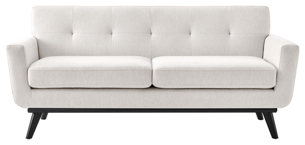 Loveseat Sofa, Ivory White, Fabric, Modern, Mid Century Hotel Lounge Cafe Lobby