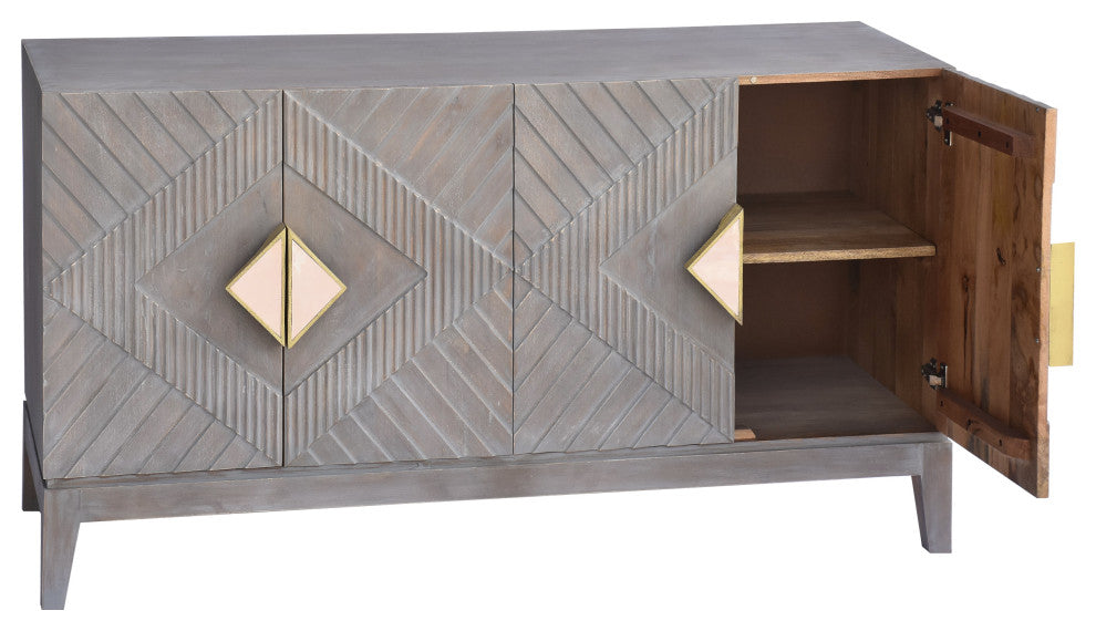 55" Mango Wood Sideboard Cabinet Console 4 Doors Shelf Diamond Carving Gray