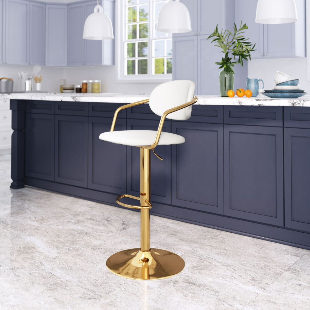 Bar Stool Chair Barstool, Faux Vinyl Leather, Steel, White, Gold, Cafe Bistro