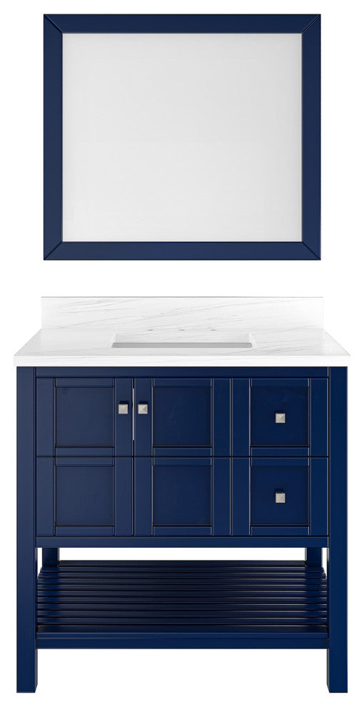 Single Sink Solid Wood Bath Vanity with Natural Marble Top and Mirror, 36in