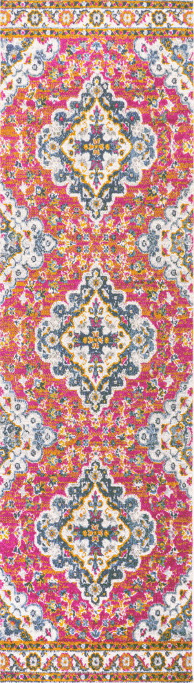 Bohemian FLAIR Boho Vintage Medallion Area Rug, Fuchsia/Ivory, 2 X 8