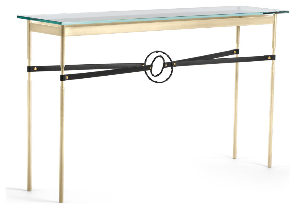 Equus Console Table, Modern Brass Finish - Black Accents - Black Leather Strap