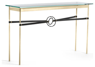 Equus Console Table, Modern Brass Finish - Black Accents - Black Leather Strap