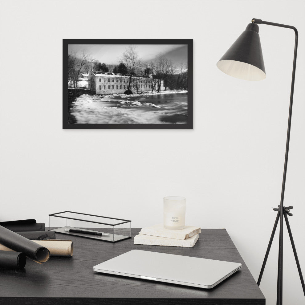 Winter at Powder Mill Rural Landscape Framed Photo Paper Wall Art Prints, Black, 12" X 18"