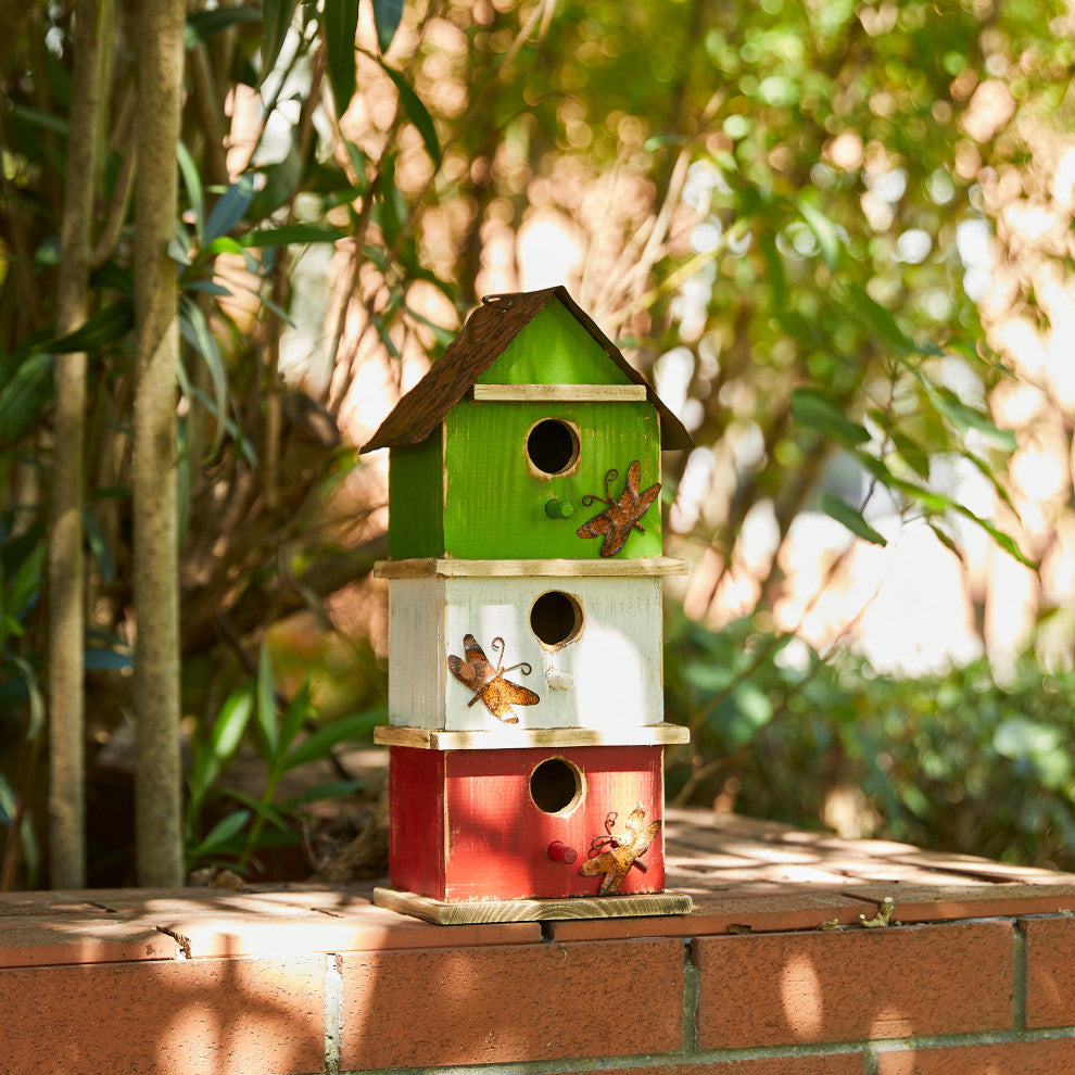 Three-Tiered Distressed Solid Wood Birdhouse