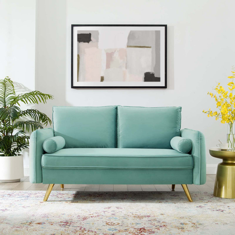 Loveseat Sofa, Velvet, Blue, Modern, Living Lounge Room Hotel Lobby Hospitality