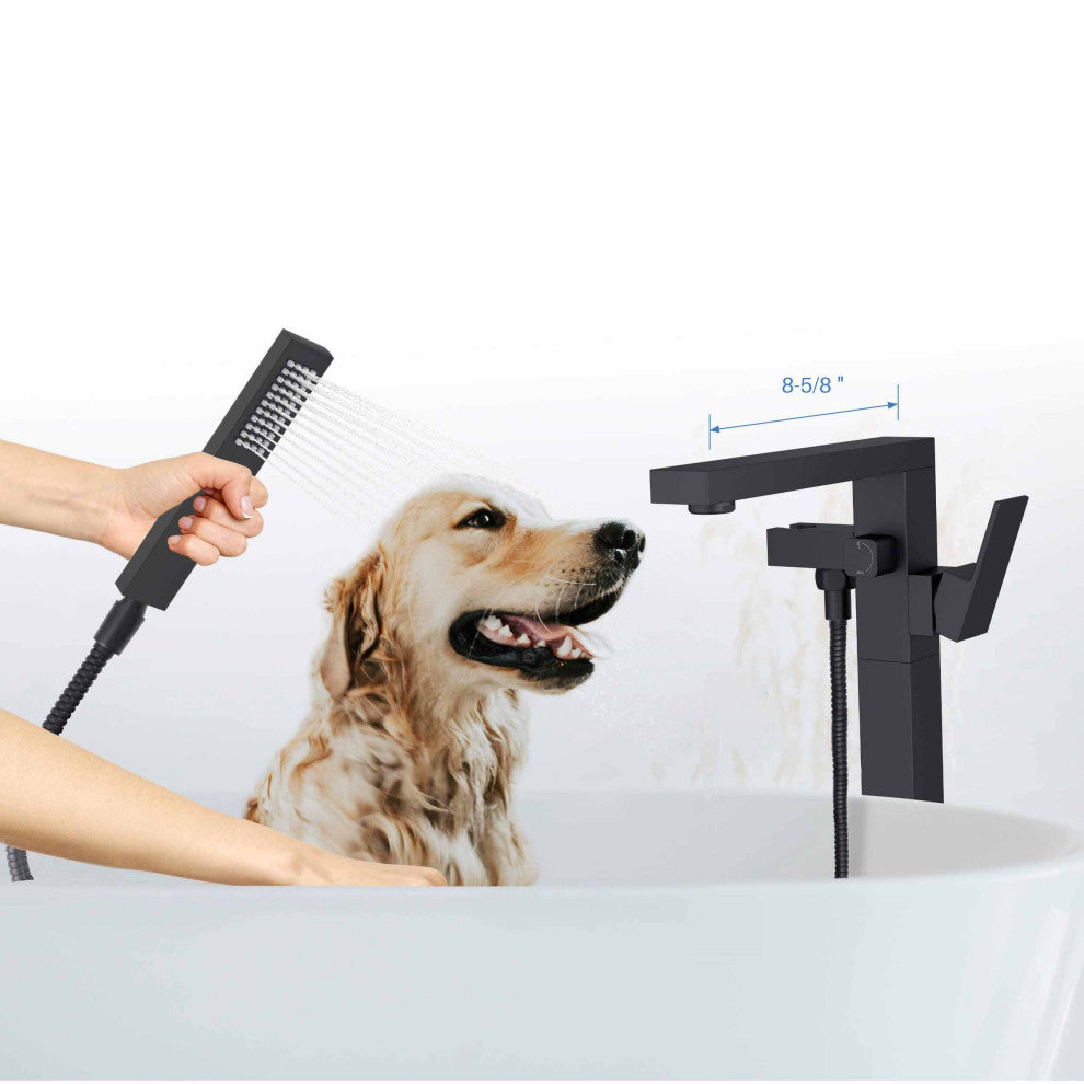 Cube Single Handle Floor Mount Tub Filler With Hand Shower, Matte Black
