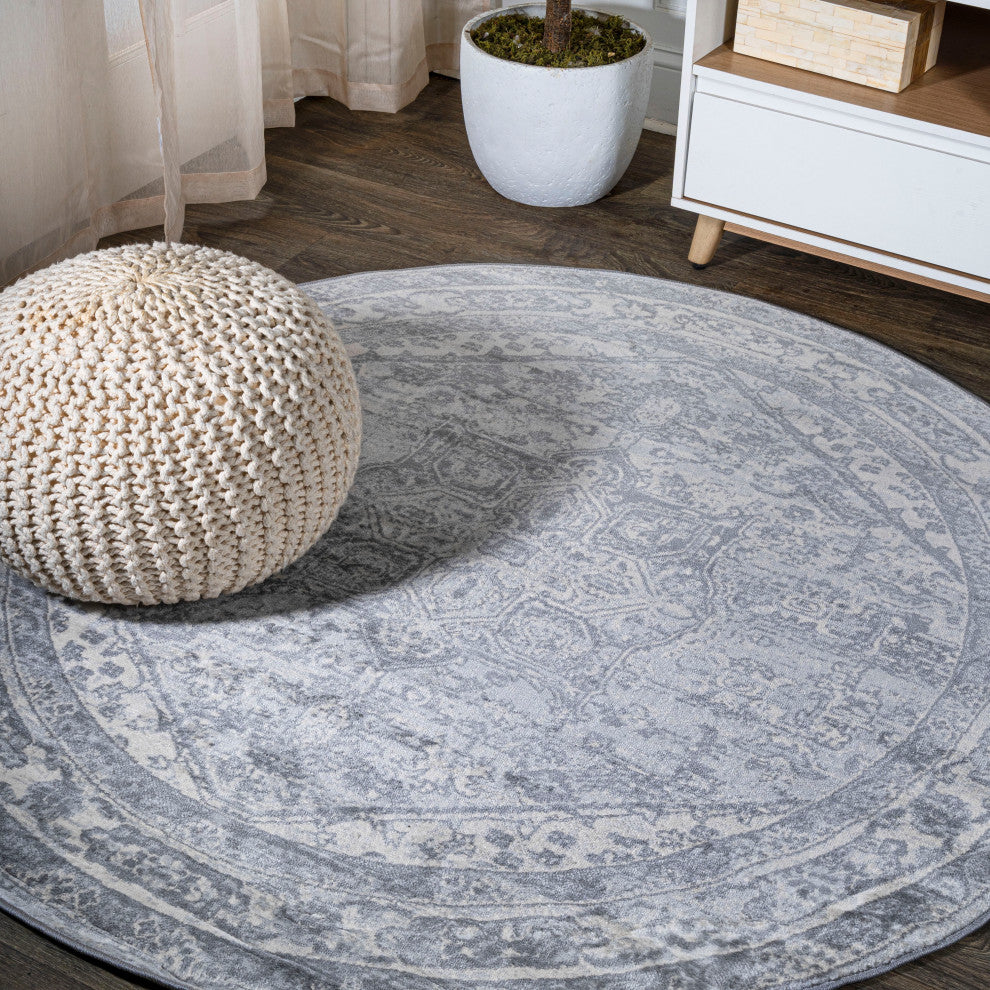 Modern Persian Medallion Light Gray/Ivory 5' Round Area Rug