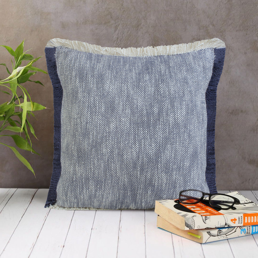 Two-Tone Cotton Throw Pillow with Fringe, Navy Blue, 20" X 20"