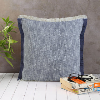 Two-Tone Cotton Throw Pillow with Fringe, Navy Blue, 20" X 20"