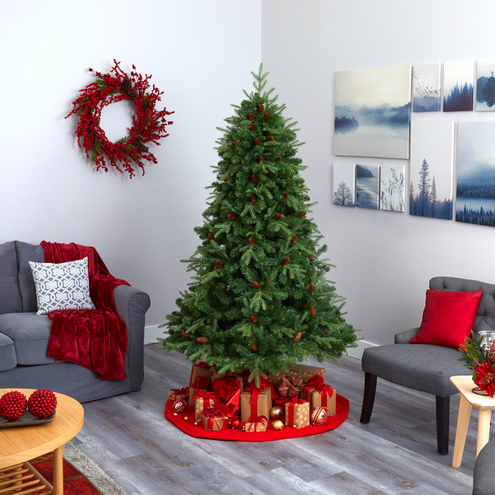 7' Wellington Spruce Natural Look Faux Xmas Tree W/400 Clear Lights & Pine Cones