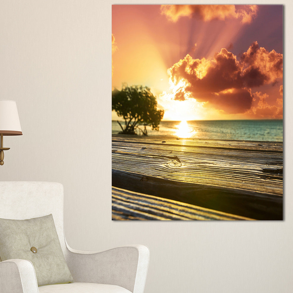 "Boardwalk on Beach Under Cloudy Sky" Modern Landscape Wall Art Canvas, 20"x40"