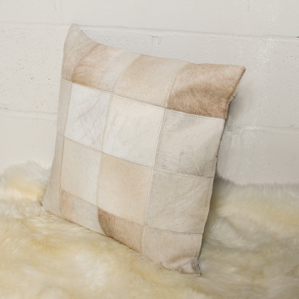 Torino Patchwork Cowhide Pillow, Natural, 18"x18"