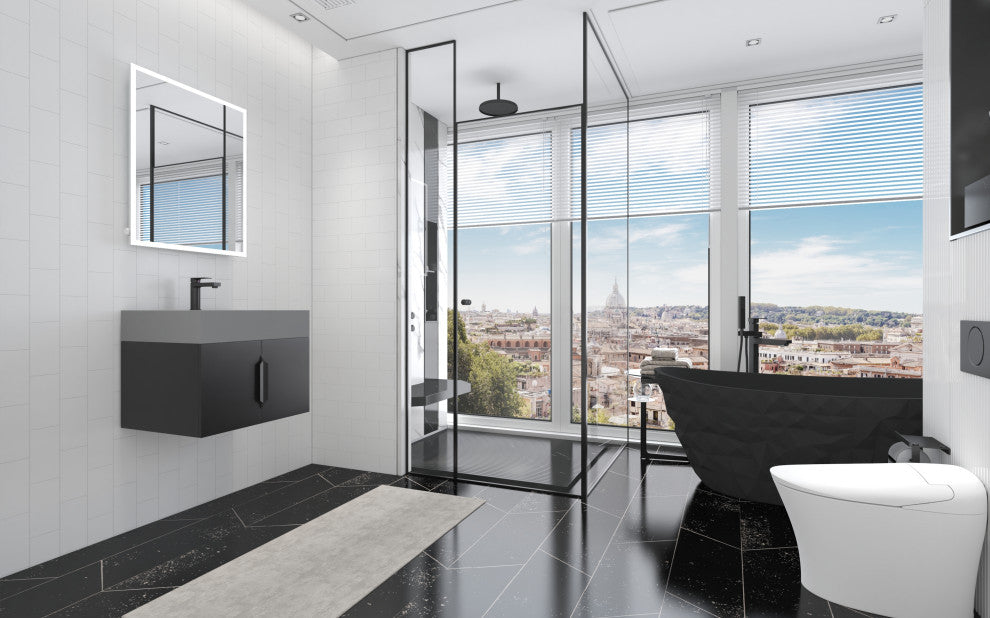 CastelloUSA Amazon 24" Wall Mounted Bathroom Vanity Set, Black, Gray Top, Black Handles