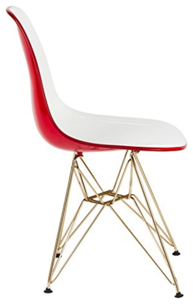 LeisureMod Cresco Molded 2-Tone Eiffel Side Chair With Gold Base White Red
