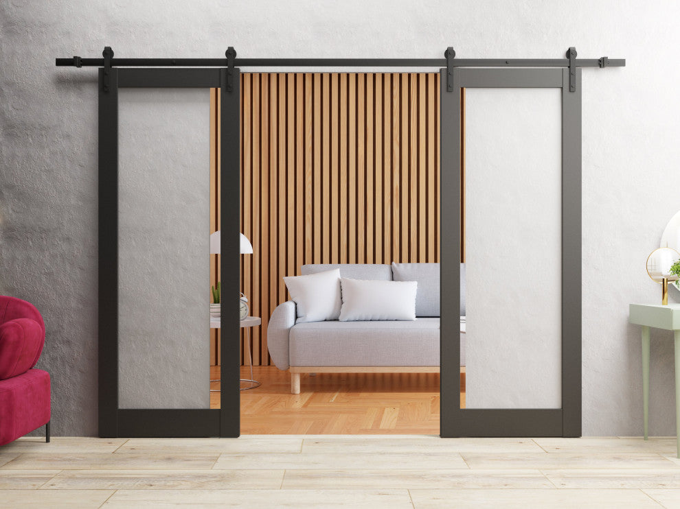 Double Barn Door 72 x 80, Lucia 2166 Matte Black Clear Glass, 13'