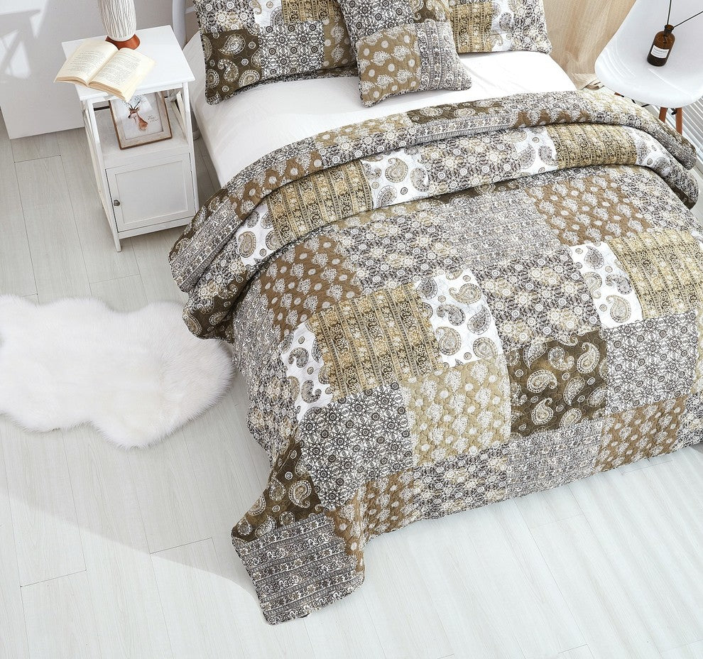 Bohemian Patchwork Moroccan Paisley Chocolate Dreams Bedspread Set, King
