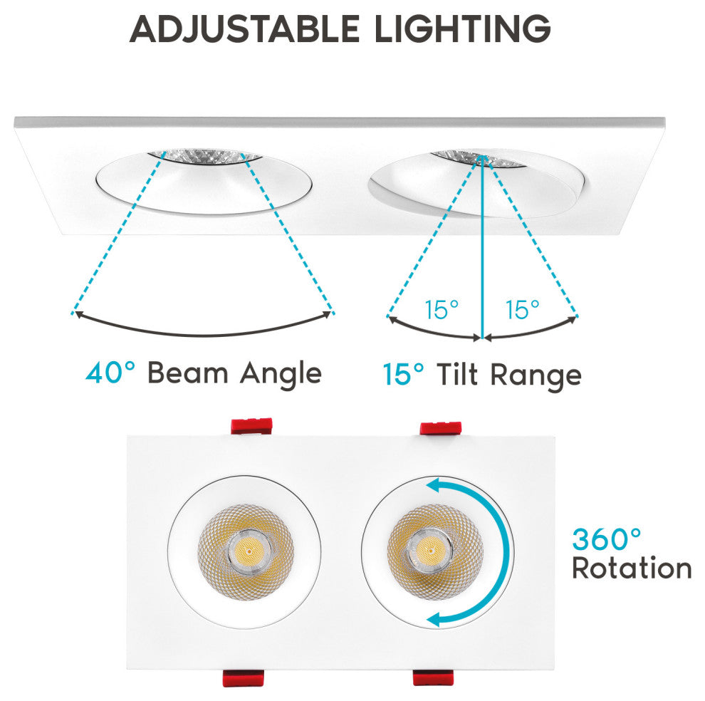 Double Head Adjustable LED Recessed Light 24W 5 Color Options 1400 Lumens
