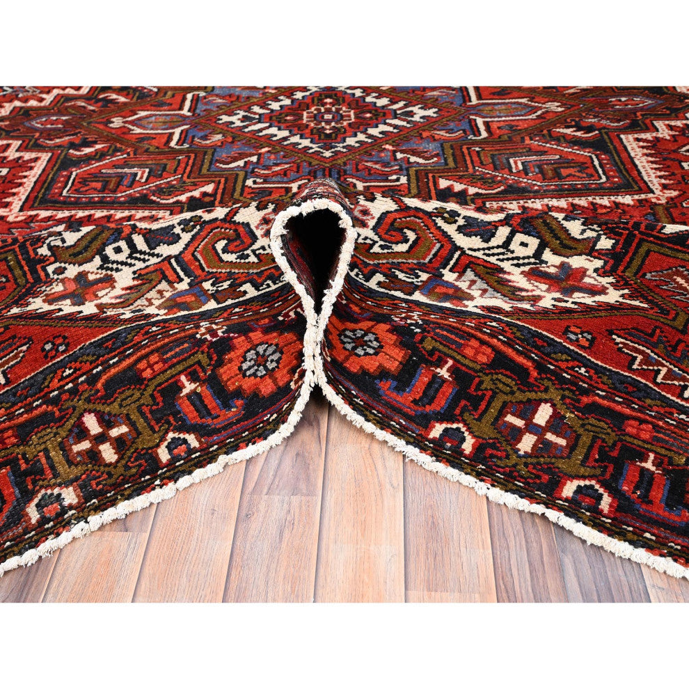 Crimson Red, Hand Knotted, Vintage Persian Heriz, Pure Wool Rug, 7'10"x11'