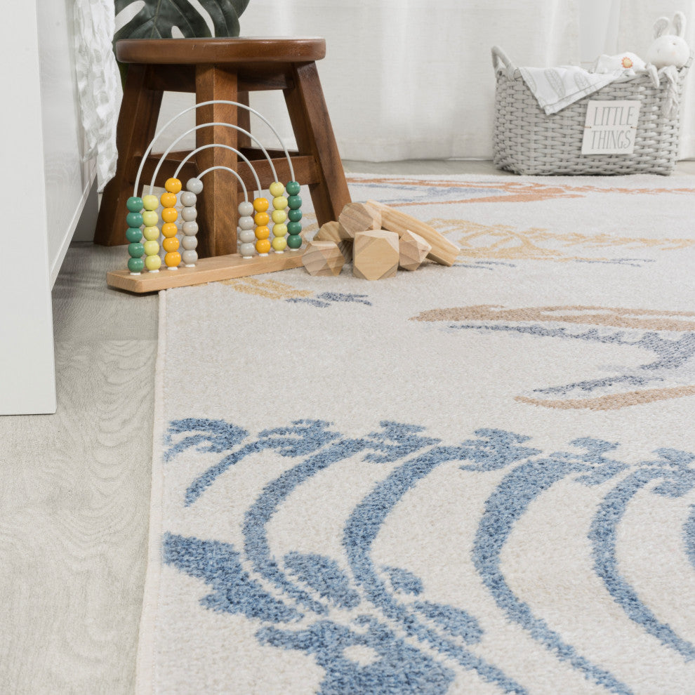 Kingdarr T-Rex Modern Kids Machine-Washable Cream/Multi 3 ft. x 5 ft. Runner Rug