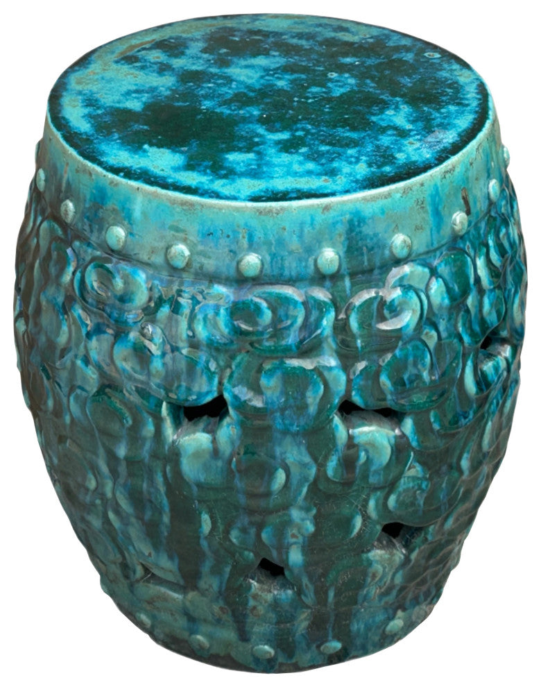 Green Teal Turquoise Swirl Cloud Pattern Round Ceramic Stool Table Hws4577