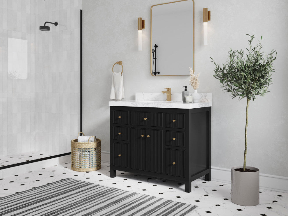 Sonoma 42 Single Sink Reeded Bath Vanity in Black 2" Piatra Gray