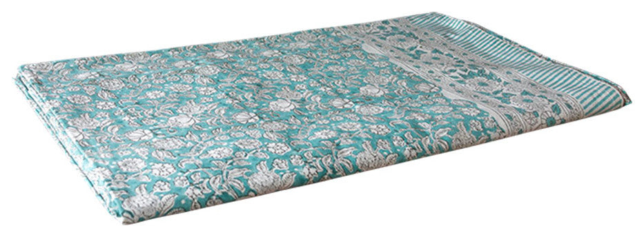 Oleander Aqua Block Print Cotton Coverlet