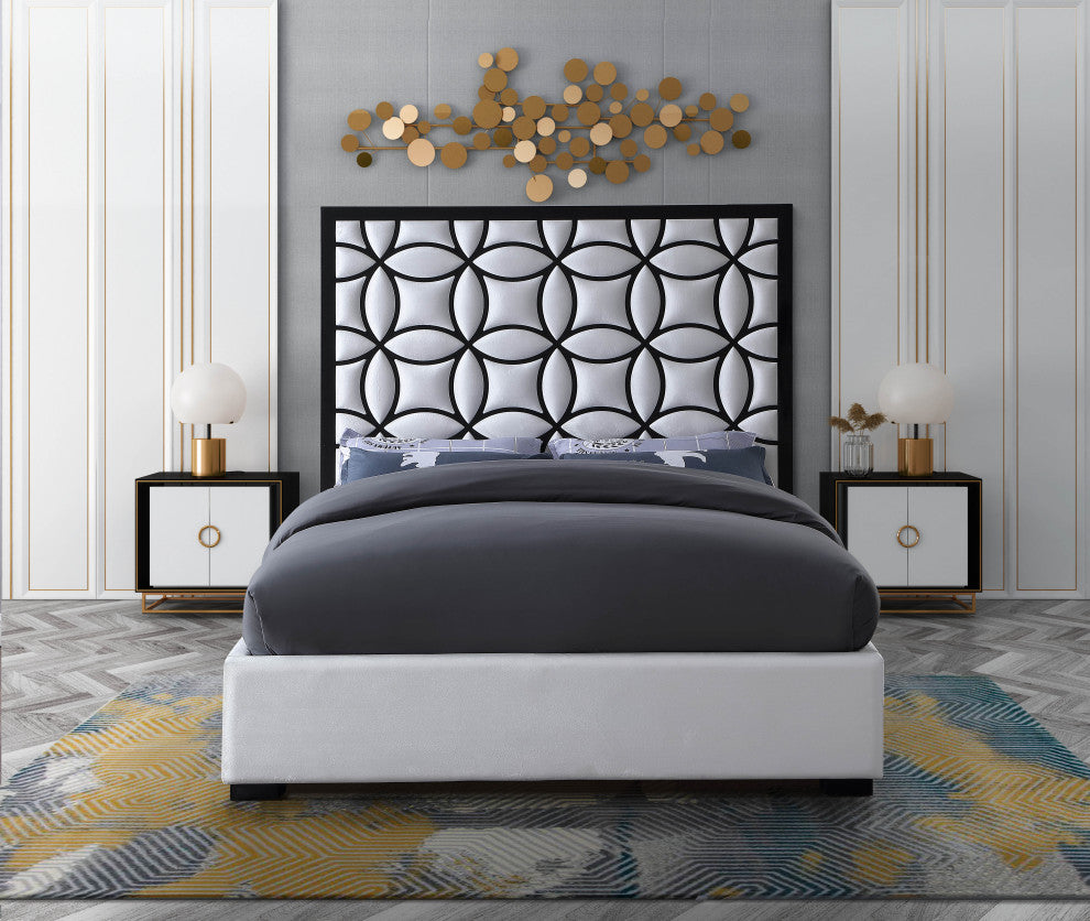 Taj White Velvet Bed With Matte Black Steel Frame and Legs, King