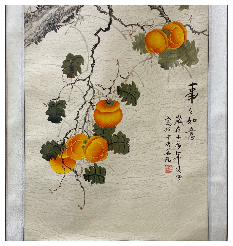 Chinese Color Ink Birds Persimmon Flower on Tree Scroll Painting Wall Art ws2010