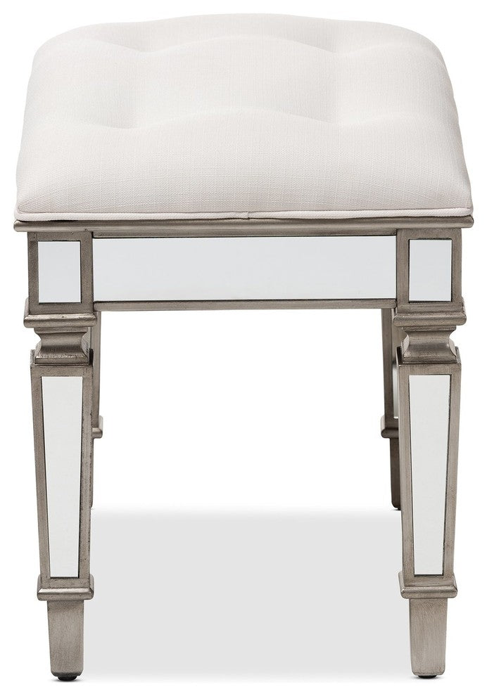 Marielle Hollywood Regency Glamour Style Fabric Mirrored Ottoman Vanity Bench