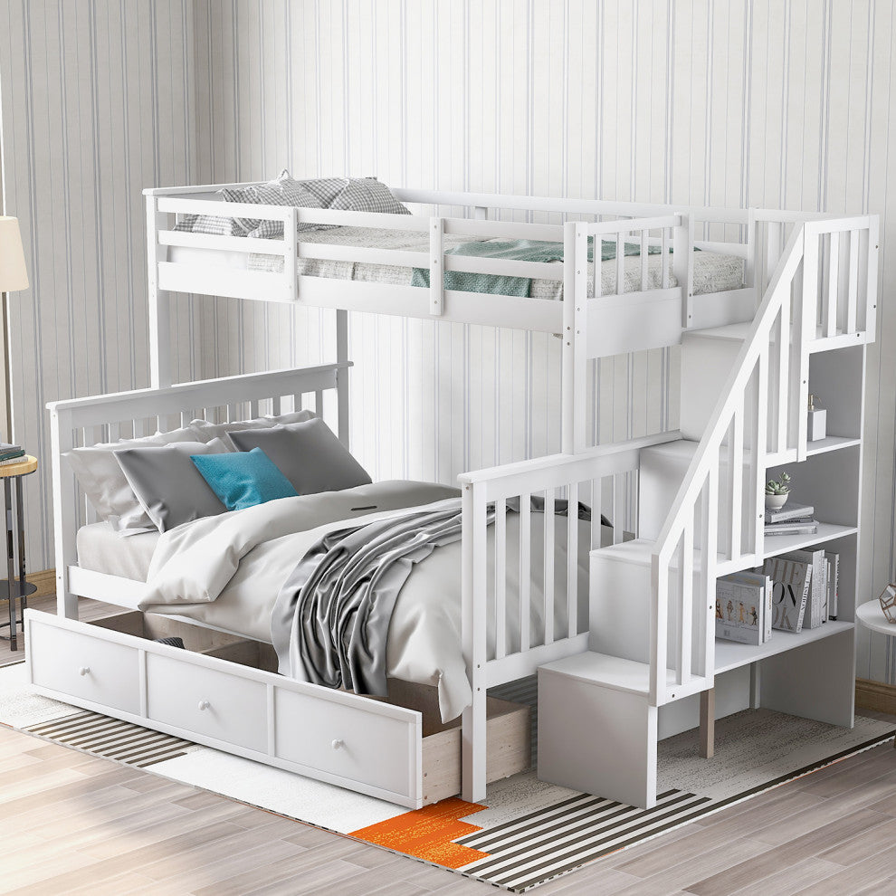 Gewnee Stairway Twin-Over-Full Bunk Bed with Drawer in White