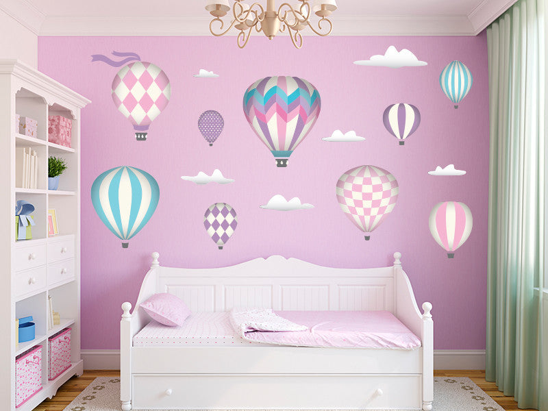 Hot Air Balloons Fabric Wall Decals, Jumbo size in Pink, Set of 9