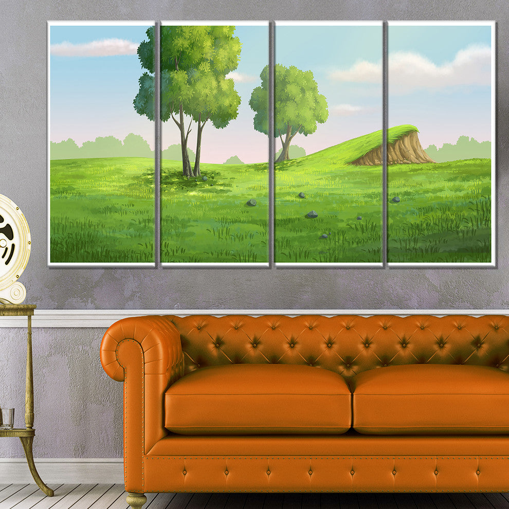 "Green Garden With Mound And Trees" Landscape Wall Art Print, 4 Panels, 48"x28"