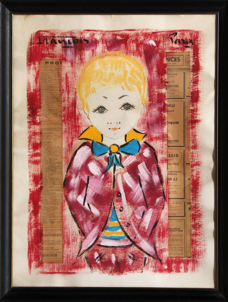 Francois "Blonde Boy in Red Suit" Acrylic and Collage Painting